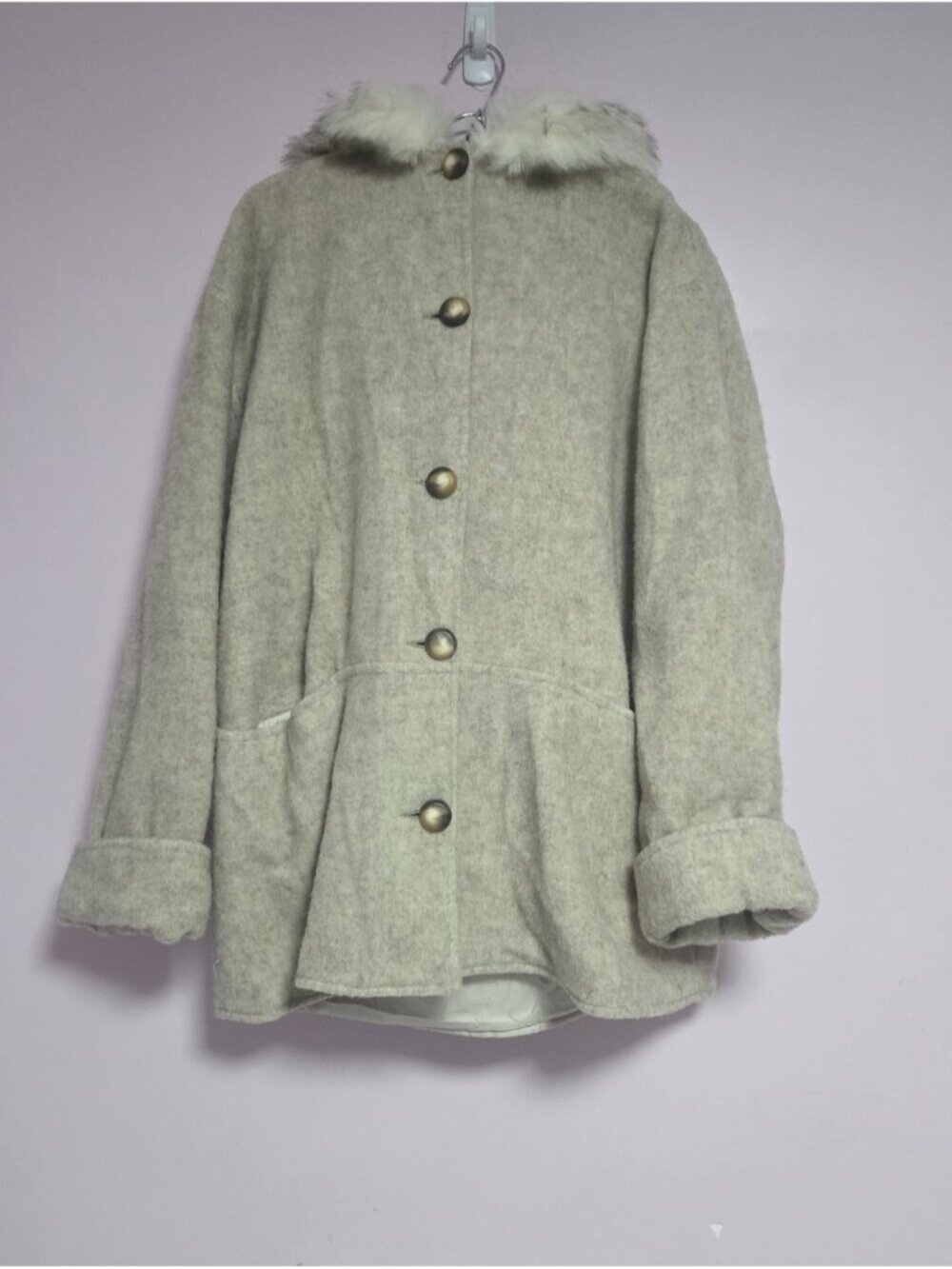 Cream Hooded Wool-Blend Cape Coat with Faux-Fur Trim
